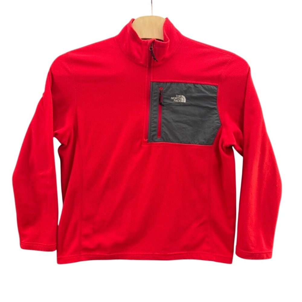 The North Face Mens XL Red Quarter Zip Fleece Pullover Grey Chest Pocket Jacket